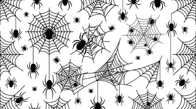 Spooky halloween pattern black spiders and webs on white background