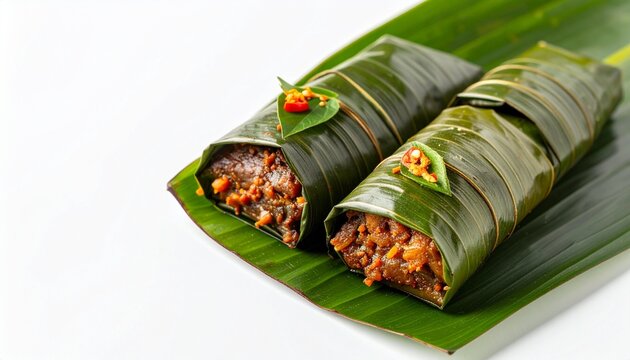 Otak Otak wrapped in banana leaf displayed on a white background with copy space, premium food photography
