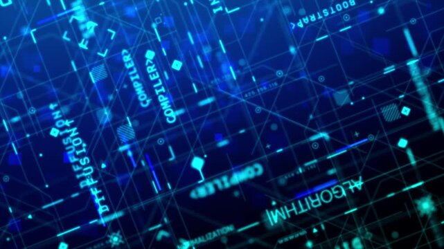 Animated futuristic digital technology background featuring abstract data interface elements, geometric lines, glowing graphics, and blue digital visualization