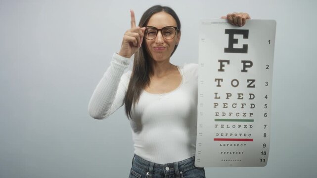 Woman wearing glasses holding eye chart with left hand and points finger to temple in studio; vision test confidence.