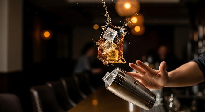 Professional bartender expertly tosses a refreshing alcoholic beverage with ice cubes flying through the air inside a dimly lit pub setting creating a dynamic action splash display for drink