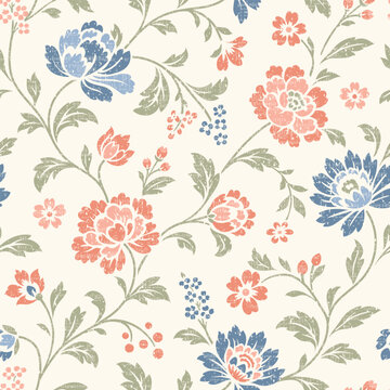 Decorative chintz inspired floral design, stylized Jacobean flowers, leaves. Seamless vector pattern, trailing botanical background for wallpapers or fabric design