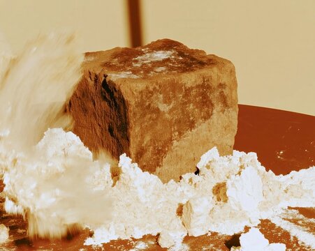 Weathered timber podium with a powdery flour bloom on a terracotta background for autumn food product marketing