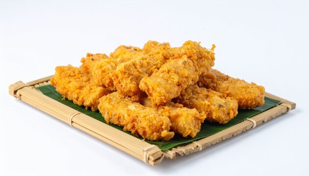 Keropok Lekor fried fish crackers arranged neatly on a white background, clean composition, generous copy space

