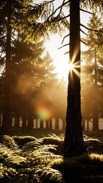 A tranquil forest scene with sunlight piercing through pine trees casting warm rays over verdant foliage at dawn.