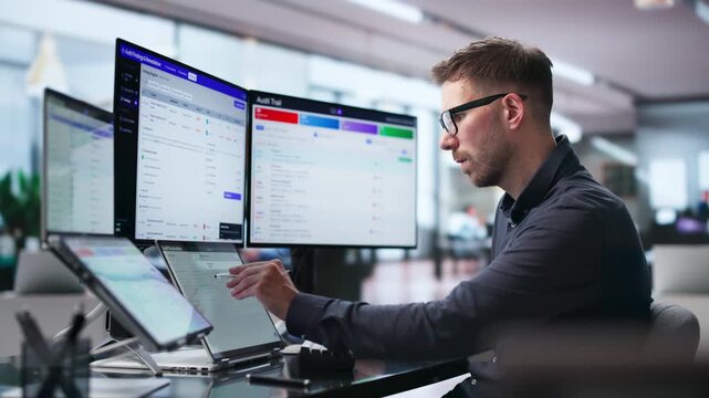 Auditor Reviews Software Dashboard To Track Compliance