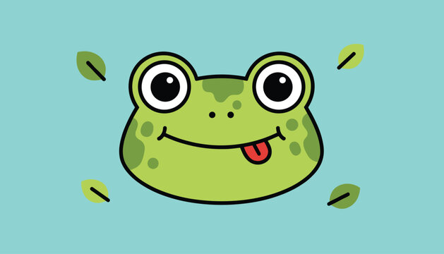 Cute green cartoon frog face sticking out its tongue on a light blue background surrounded by small floating leaves.