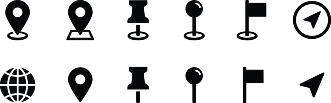 Collection of black location pin and navigation symbols map marker