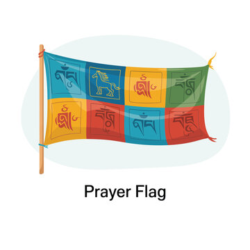 Traditional tibetan prayer flag on wooden pole, colorful buddhist fabric banner with sacred symbols and mantras for spiritual rituals and peace
