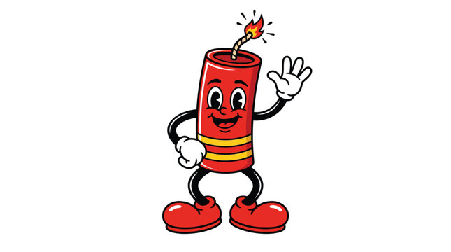 Cartoon Firecracker Character Waving with Lit Fuse.