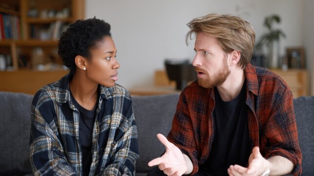 Diverse couple having a serious discussion or argument on a couch