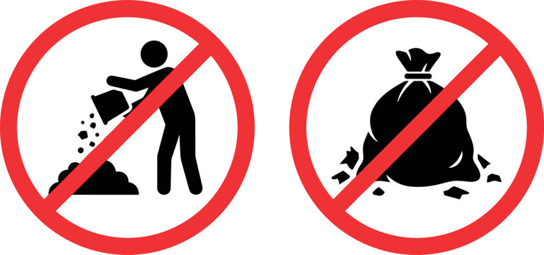 No Littering and Prohibited Illegal Dumping Warning Sign Set featuring Forbidden Garbage Pouring Human Figure and Trash Bag Waste Disposal Restriction SymbolsNo Littering and Prohibited Illegal Dumpin