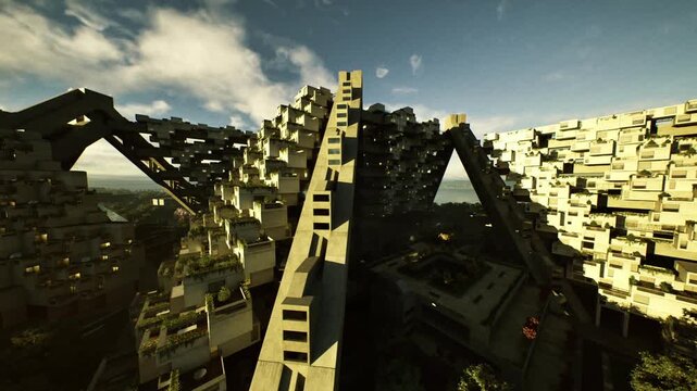 Futuristic terraced towers with rooftop greenery, cascading planters and modular balconies, hopeful daylight and clean lines, urban agriculture prototype
