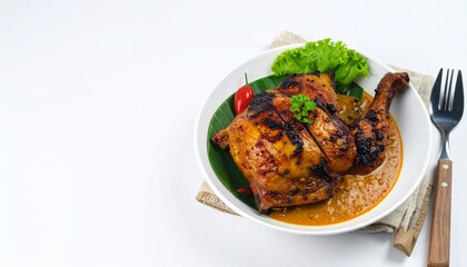 Fototapeta premium Ayam Percik grilled chicken with coconut sauce isolated on a white background, copy space, realistic food styling