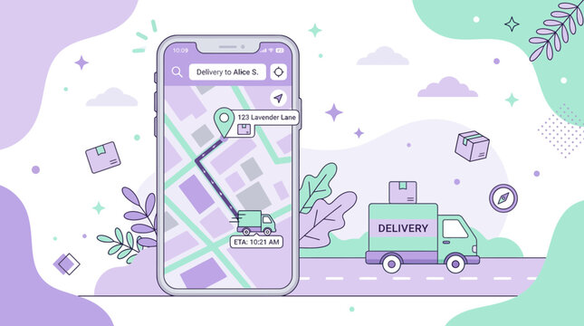 delivery tracking gps map navigation service or delivery route mobile app interface with real-time tracking and estimated delivery time