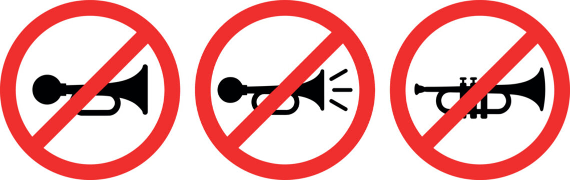 No Honking and Silence Please Traffic Icon Set featuring Prohibited Vehicle Horn Sound and Trumpet Musical Instrument Symbols with Red Restriction CirclesNo Honking and Silence Please Traffic Icon Set