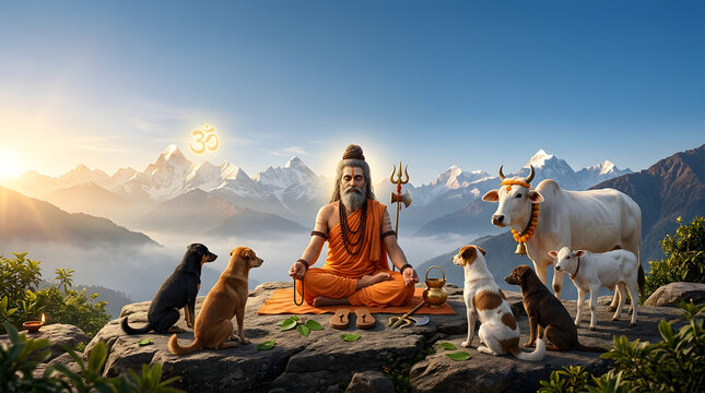Guru Purnima celebration meditating sage with sacred Om devotional illustration poster design
