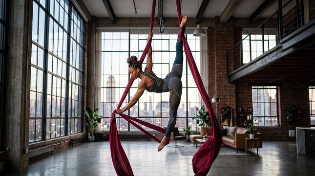 Female aerialist performing split on red silks in a spacious loft
