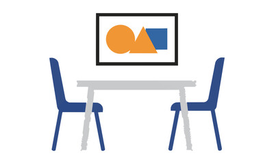 Fototapeta premium Minimalist dining room furniture set with rectangular table and two chairs featuring abstract wall art on a white background, interior design concept