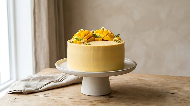Delicious round cake with fresh fruit topping on a ceramic stand on a rustic wooden table. Mango Cake