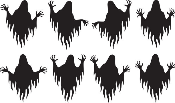 Set of silhouettes of scary ghosts vector flat illustration evil spirit black shadow Halloween demon