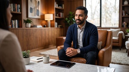 Obraz premium Smiling AI therapist listening to a client in a modern office