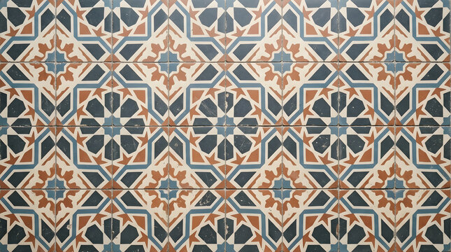 Seamless Traditional Mediterranean Ceramic Tile Pattern with Decorative Geometric Moroccan Inspired Motifs for Interior Floor Wall Design