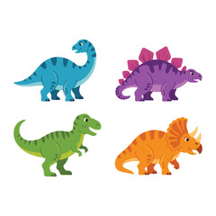 Set of four colorful cartoon dinosaurs including brachiosaurus stegosaurus t-rex and triceratops for kids educational © Abdul alim
