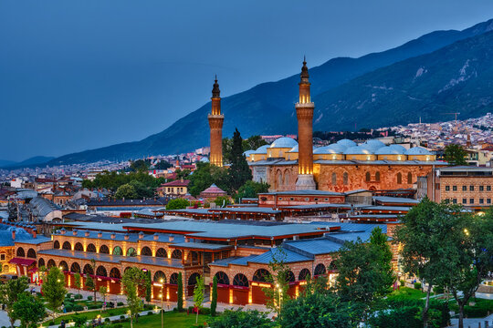 Evening Panorama of Bursa with Historic Grand Mosque and Uludag Mountain, Turkey