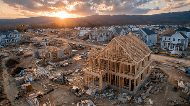 Drone aerial view of suburban housing development with wooden-framed houses under construction warm evening light scaffolding beams and architectural planning showing residential urban growth