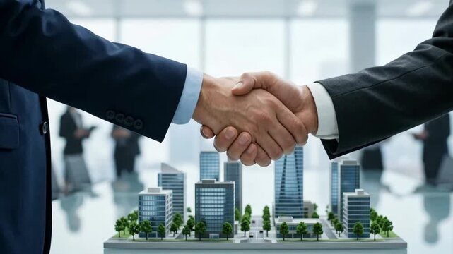 Real estate deal handshake business agreement property investment suit contract office model confident. Home property mortgage investment. agent broker client partnership, contract meeting success