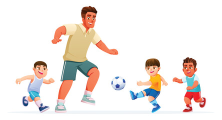 Obraz premium Cheerful man enjoying a lively soccer match with three active young boys. Vector cartoon illustration