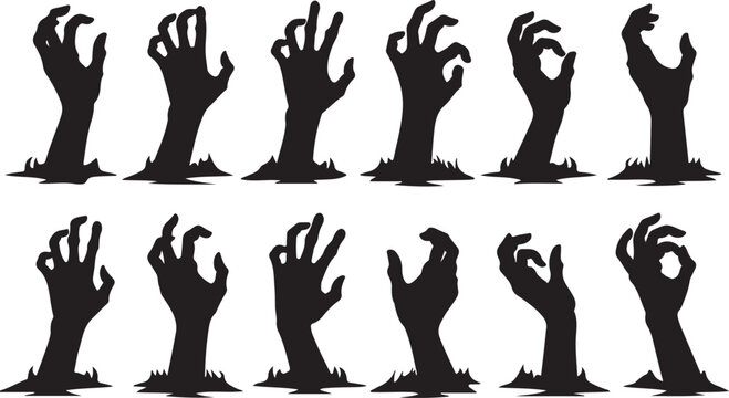 Zombie hands silhouette. Creepy zombie crooked lambs stick out of graveyard ground vector illustration set. Halloween zombie hands