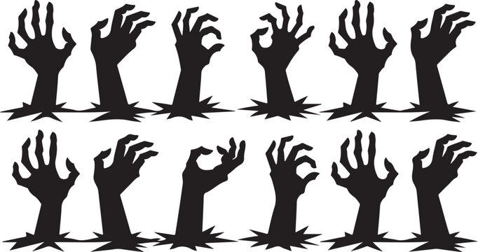 Zombie hands silhouette. Creepy zombie crooked lambs stick out of graveyard ground vector illustration set. Halloween zombie hands