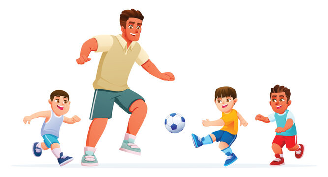 Cheerful man enjoying a lively soccer match with three active young boys. Vector cartoon illustration
