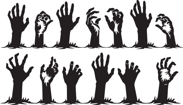 Zombie hands silhouette. Creepy zombie crooked lambs stick out of graveyard ground vector illustration set. Halloween zombie hands