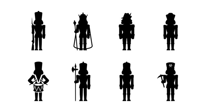 Nutcracker Soldier Silhouettes, Festive Christmas Icons, Military Character Set, Black and White Vector Graphics