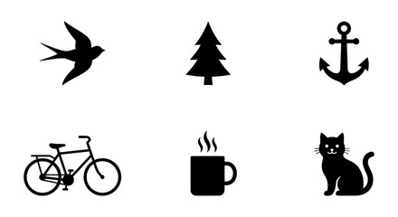 Obraz premium Simple Black Icons Set: Bird, Tree, Anchor, Bicycle, Coffee Cup, Cat, Vector Graphics