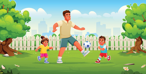 Fototapeta premium Active father kicking football to his happy son and daughter in the green fenced backyard. Vector cartoon illustration