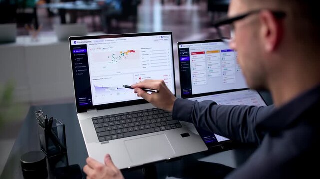 Young Male Risk Manager Uses Dual Touchscreen Laptops