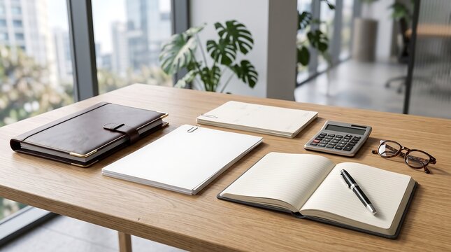 Business and writing essentials laid out on a wooden desk