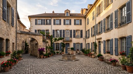 Naklejka premium Charming courtyard in a historic European town with a fountain and flowers
