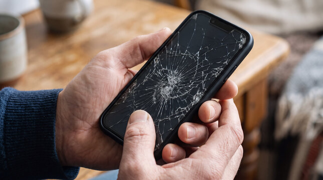 Close-up of hands holding a cracked smartphone screen
