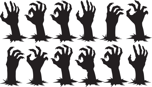 Zombie hands silhouette. Creepy zombie crooked lambs stick out of graveyard ground vector illustration set. Halloween zombie hands