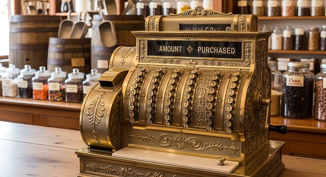 Vintage brass cash register sitting on a wooden counter inside an old fashioned grocery store with glass spice jars and large wooden barrels stored on the shelves for a rustic mercantile