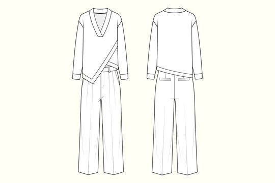 Asymmetric Wrap V-Neck Pullover and Wide-Leg Trousers Two-Piece Set Fashion Technical Vector Sketch