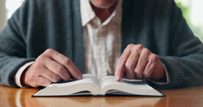 Faith, worship or hands with bible in home for religious study, spiritual growth or word of God. Guidance, person or reading scripture in Holy book for christian wisdom, praise or learning the gospel