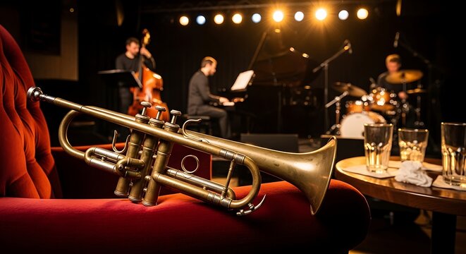 A brass trumpet resting on a red velvet chair while a jazz ensemble plays live music on stage in a dark dimly lit club setting creating a soulful atmosphere for an evening of entertainment