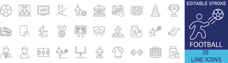 Football soccer sport championship and team tournament line icon set. Vector symbols for match ball, stadium field pitch, whistle referee, trophy cup award, and athlete player jersey. © MD