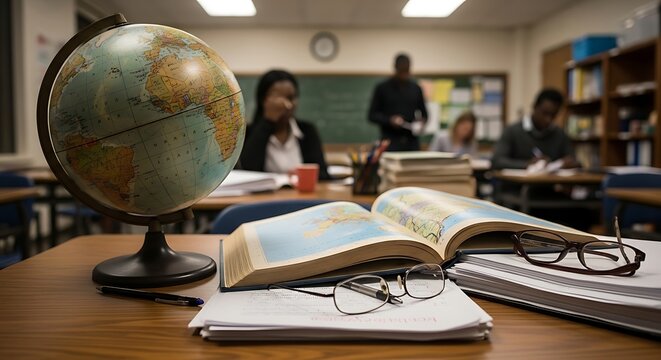 A wooden classroom desk featuring an open geography textbook with spectacles resting on stacks of paper and a terrestrial globe while diverse students engage in academic learning during the